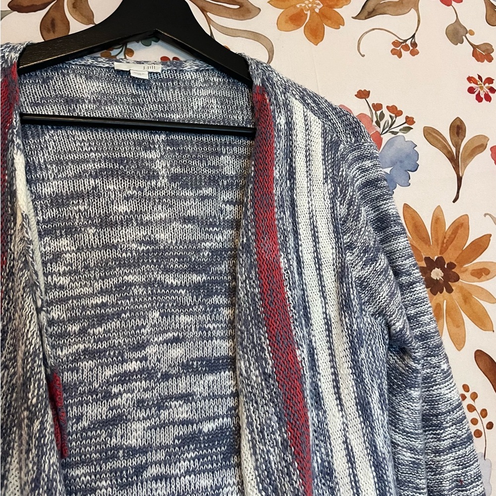 J. Jill XS Blue White Crochet Knit Cotton Open Waterfall Spring Office Cardigan